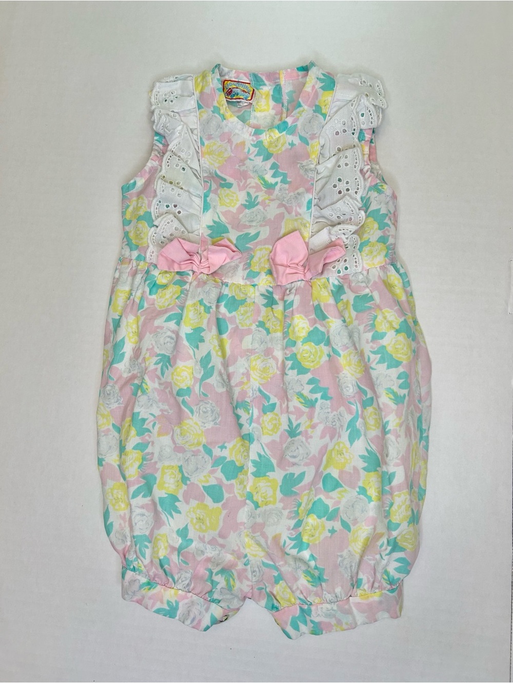 Vintage Baby Girl 4T Bubble Romper Pink Floral Bows Button 90s USA Made